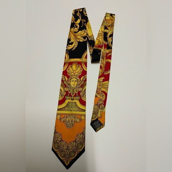 Vintage GIANNI VERSACE Silk '90s Baroque Atelier Gold Orange Red Necktie Tie - Picture 2 of 5